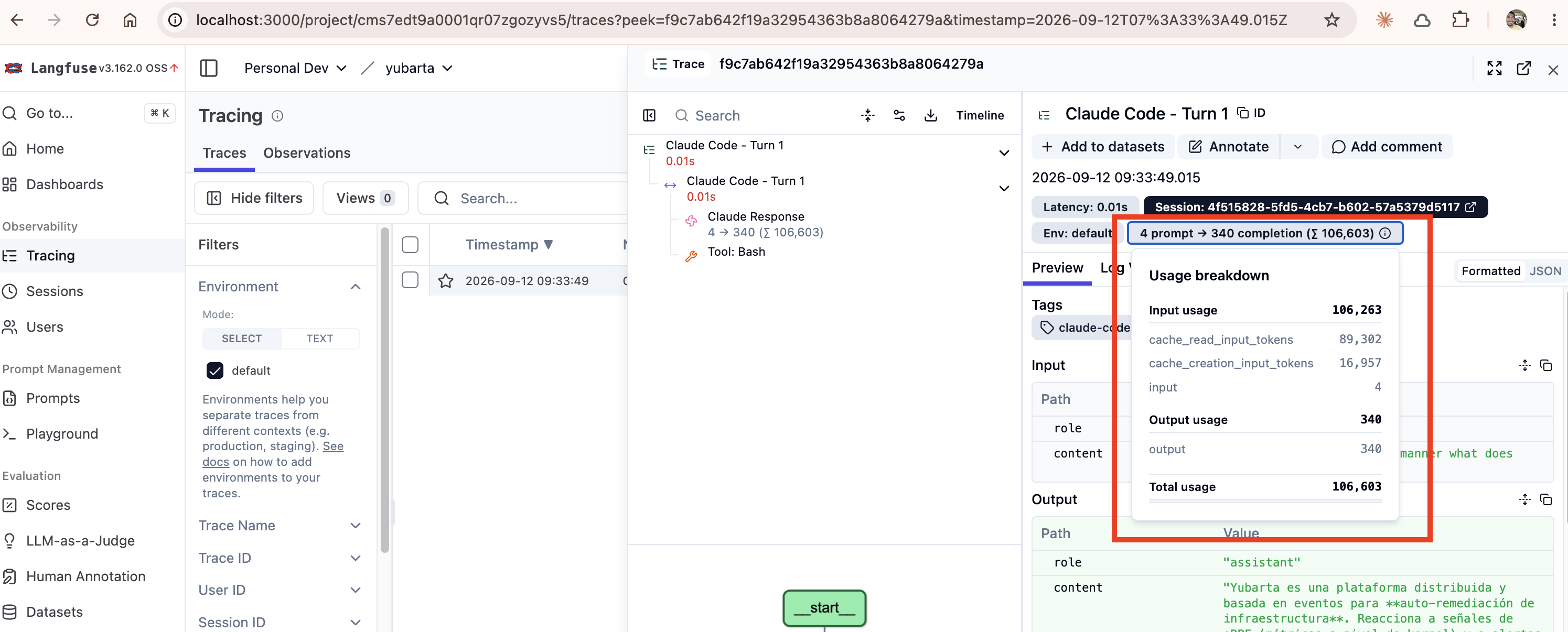 Langfuse trace showing provider-reported usage and cached tokens
